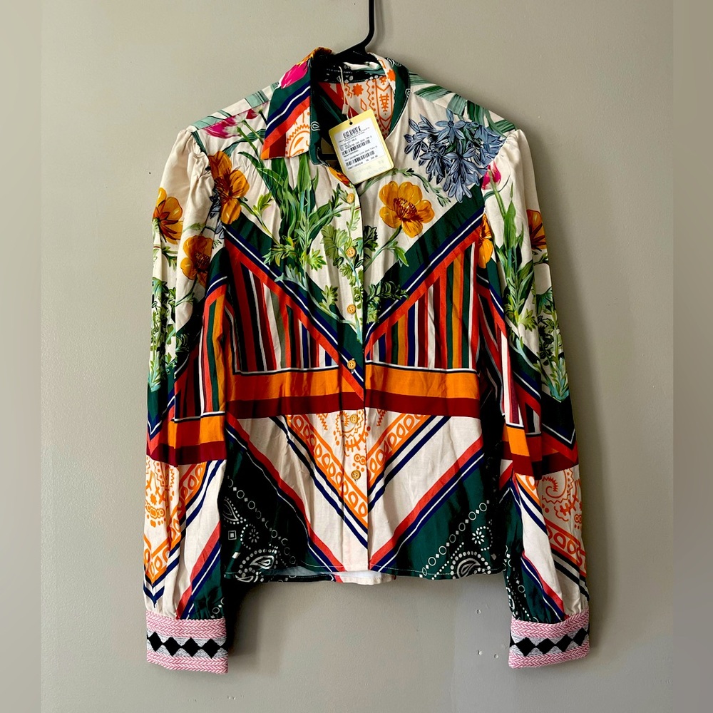 Brazilian Fashion Women’s Floral Long Sleeve Button Down Bohemian Blouse Sz L